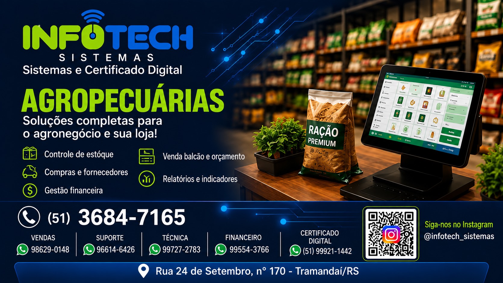 Sistemas para agropecuárias: estoque, compras, fornecedores, financeiro, venda no balcão e relatórios.