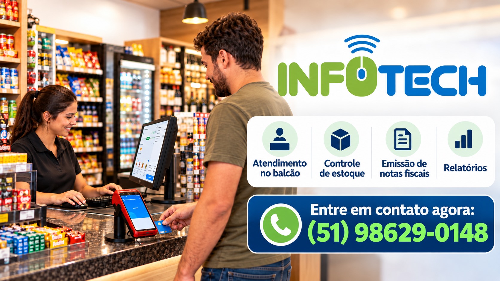 Sistemas para atendimento no balcão, controle de estoque, emissão de notas fiscais e relatórios. Vendas: (51) 98629-0148.