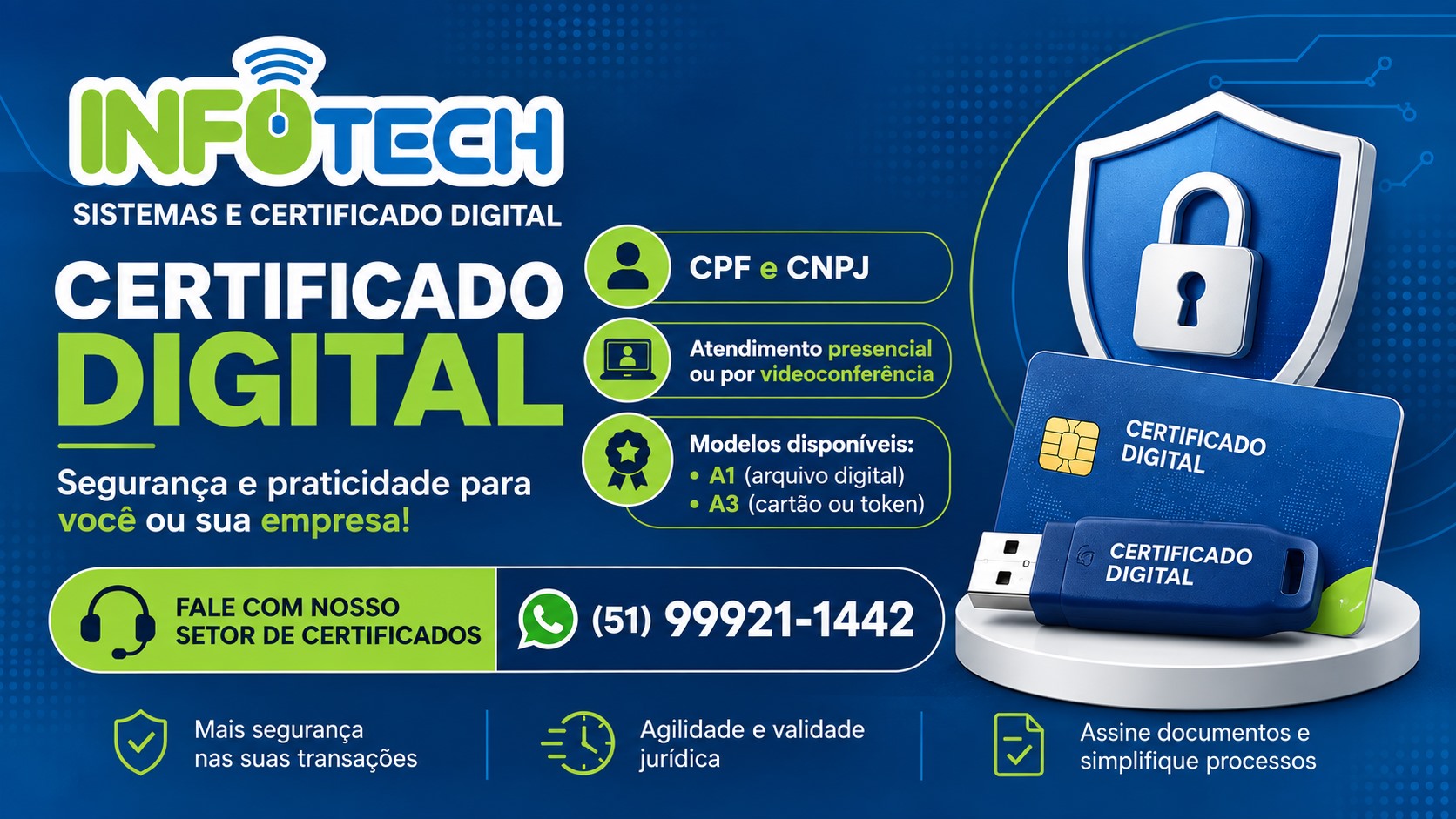 Certificado digital para CPF e CNPJ, modelos A1 e A3. Atendimento presencial ou por videoconferência. WhatsApp: (51) 99921-1442.
