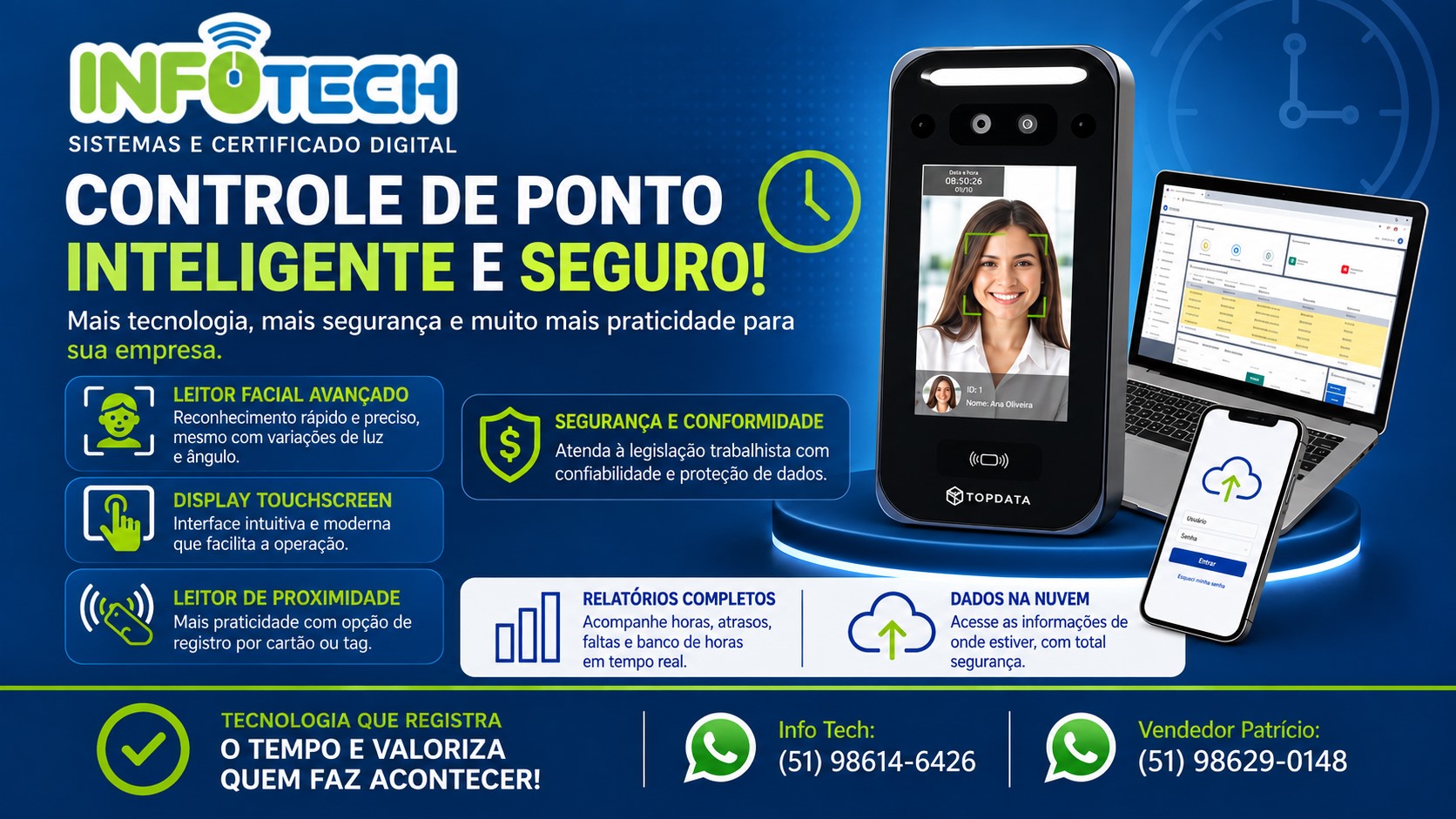 Controle de ponto com leitor facial, touchscreen, proximidade, relatórios e dados na nuvem.