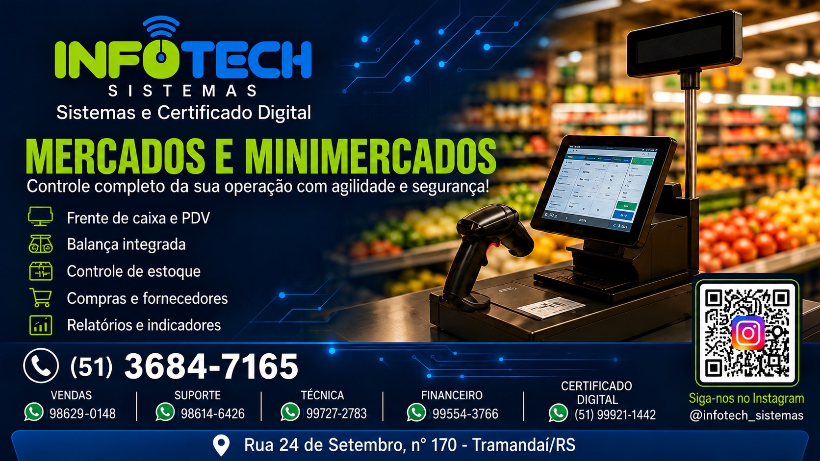 Sistemas para mercados: frente de caixa e PDV, balança integrada, estoque, compras e indicadores.