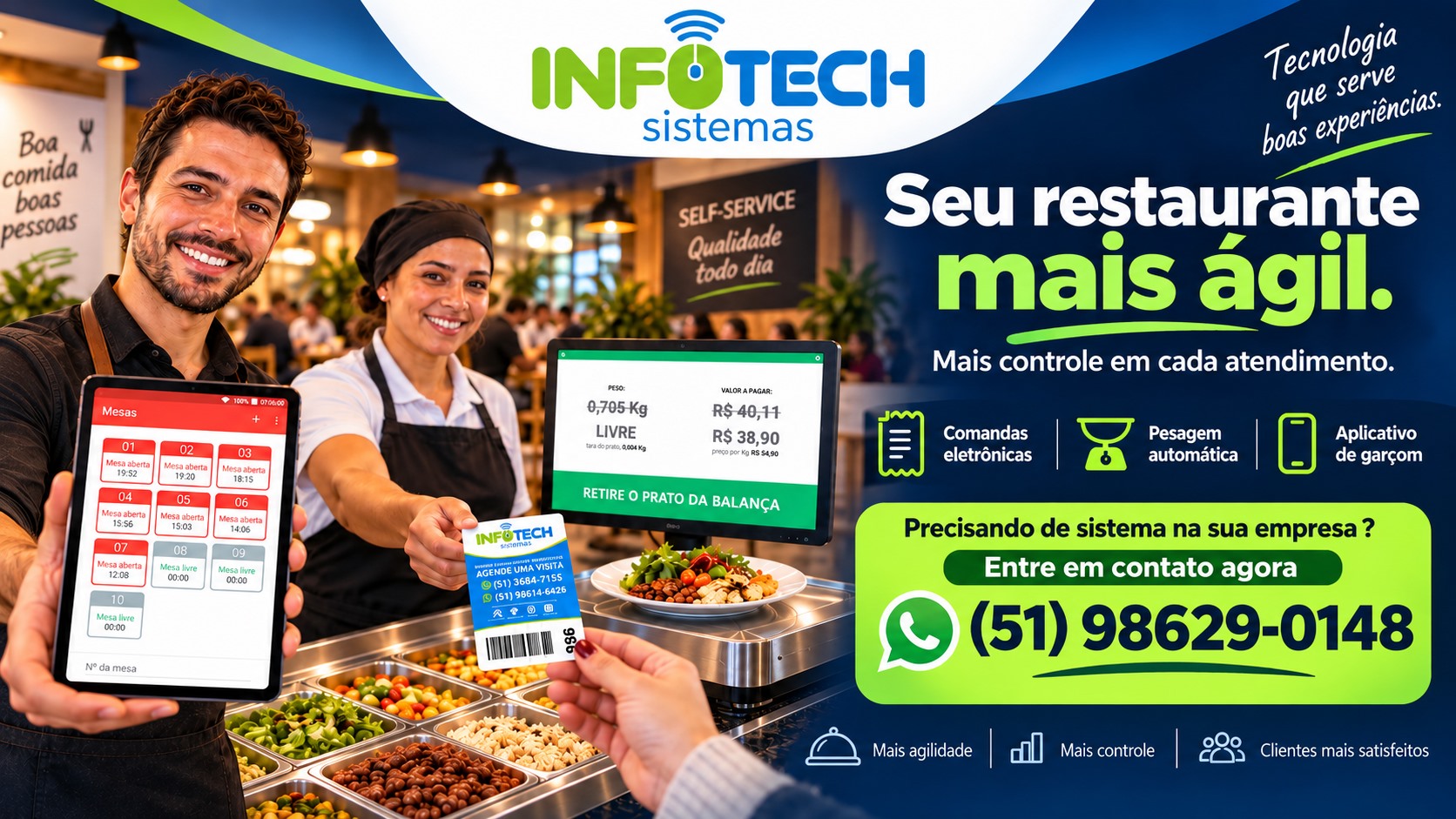 Comandas eletrônicas, pesagem automática e aplicativo de garçom. Vendas: (51) 98629-0148.