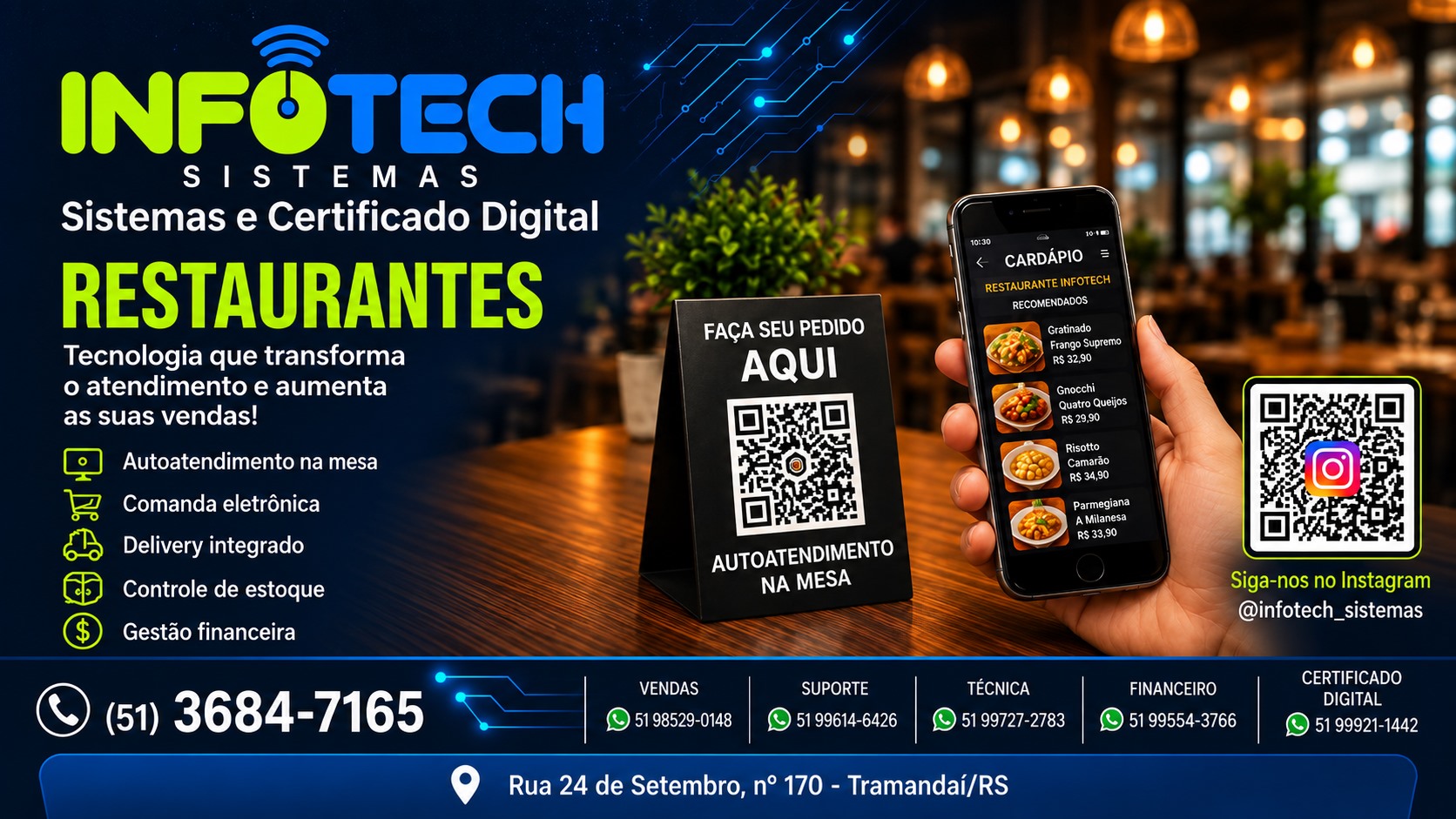 Sistemas para restaurantes: autoatendimento na mesa, comanda eletrônica, delivery, estoque e gestão financeira.